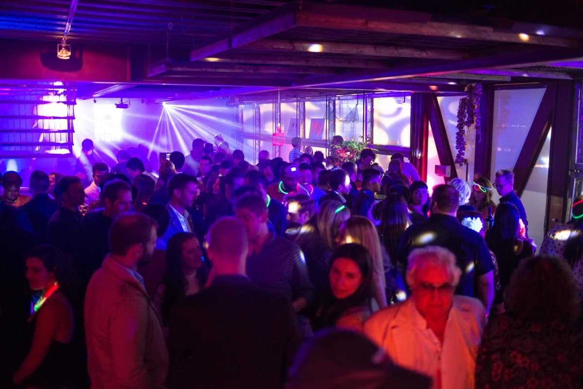 An atmosphere shot of the MV.com party. Clement von Frankenstein, renowned actor in the forefront