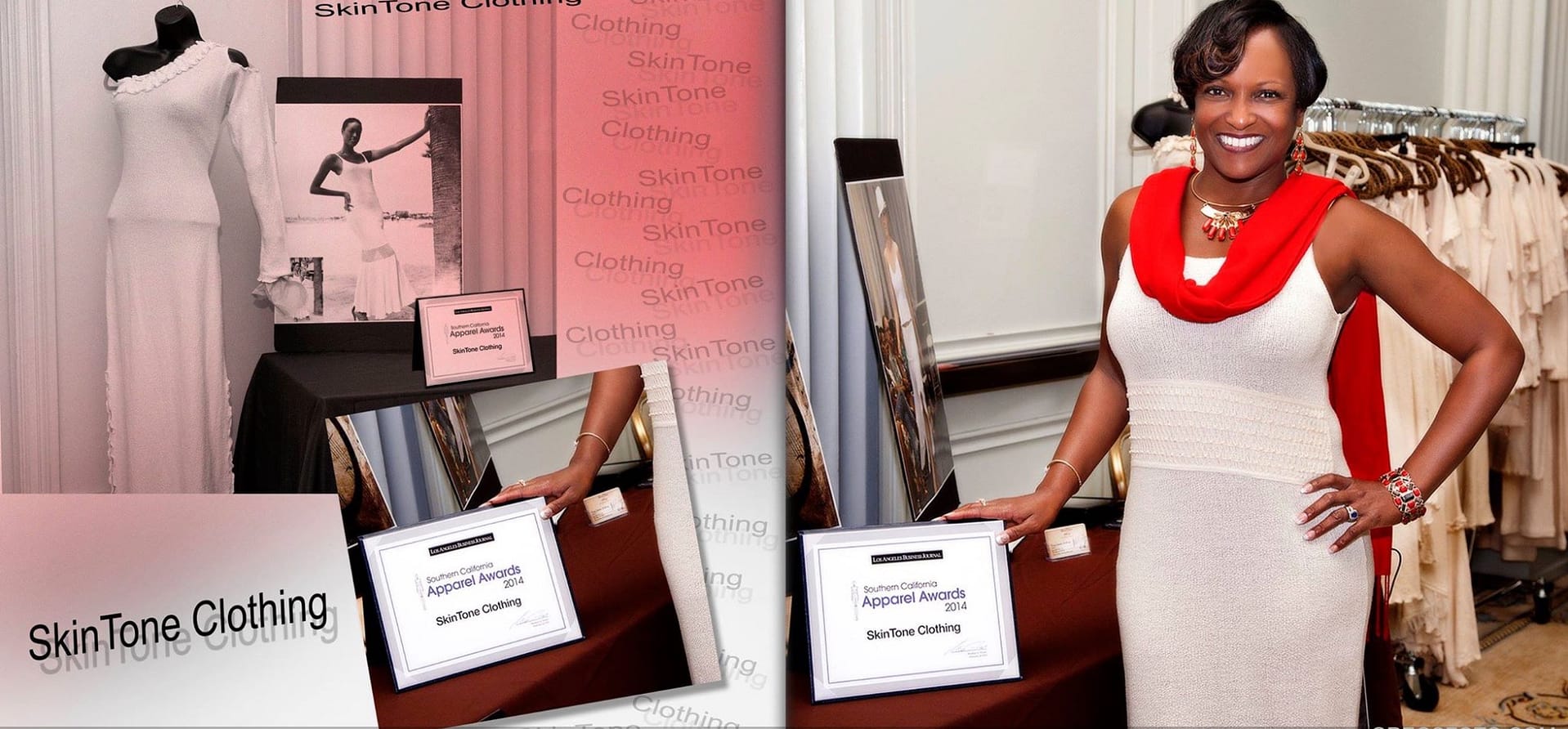 Finalist Karen Semien-McBride elegantly dressed in her line at the event with her line on display.