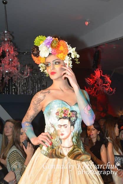 Striking model in a Ricardo Sotero gown with an illustration of renowned artist Frieda Kahlo on the bodice. Photo courtesy of Gennadiy Kotyarchuk Photography
