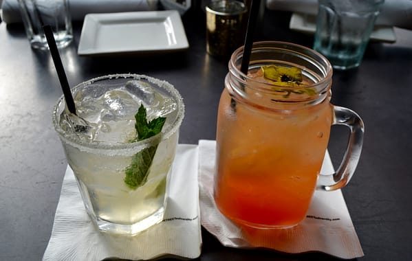 Grapefruit mint margarita and peach infused mason jar cocktail