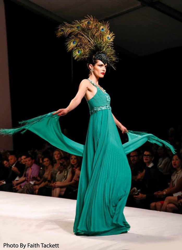 Peacock Throne...Model looks regal in a beautiful emerald colored Sue Wong evening gown. Photo courtesy of Faith Tackett photography.