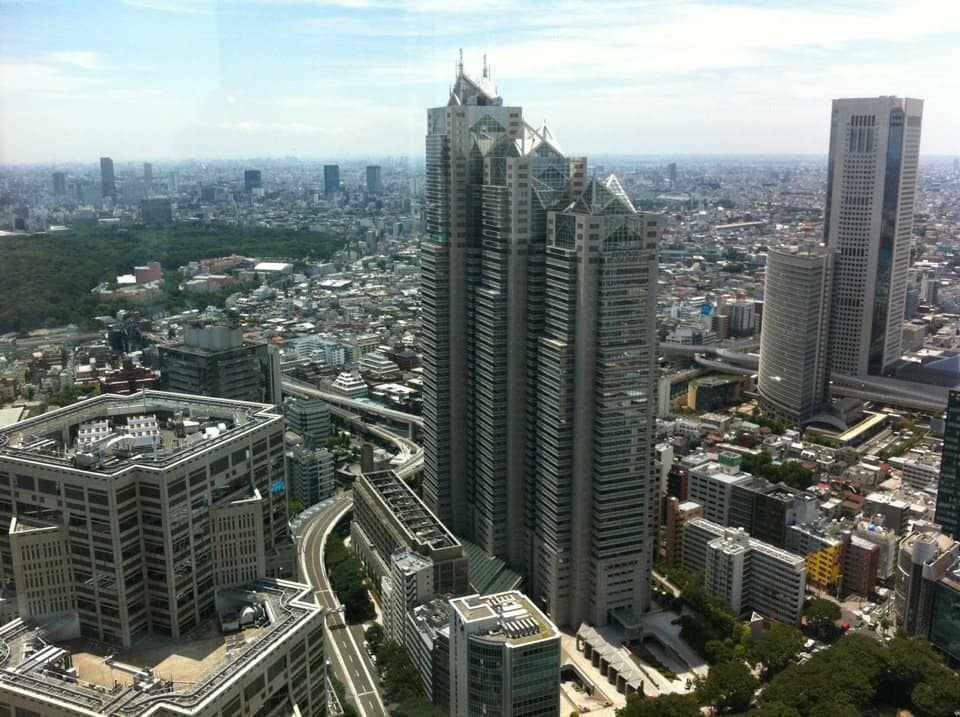 The Shinjuku Park Tower as seen from the Tokyo Municipal Building's North Observatory. Photo by Erwin Glaub